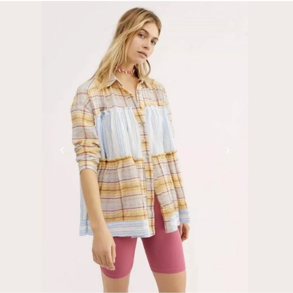 Free People Waiting on Summer Long Sleeve Button Front Tunic Top Sz Medium Plaid